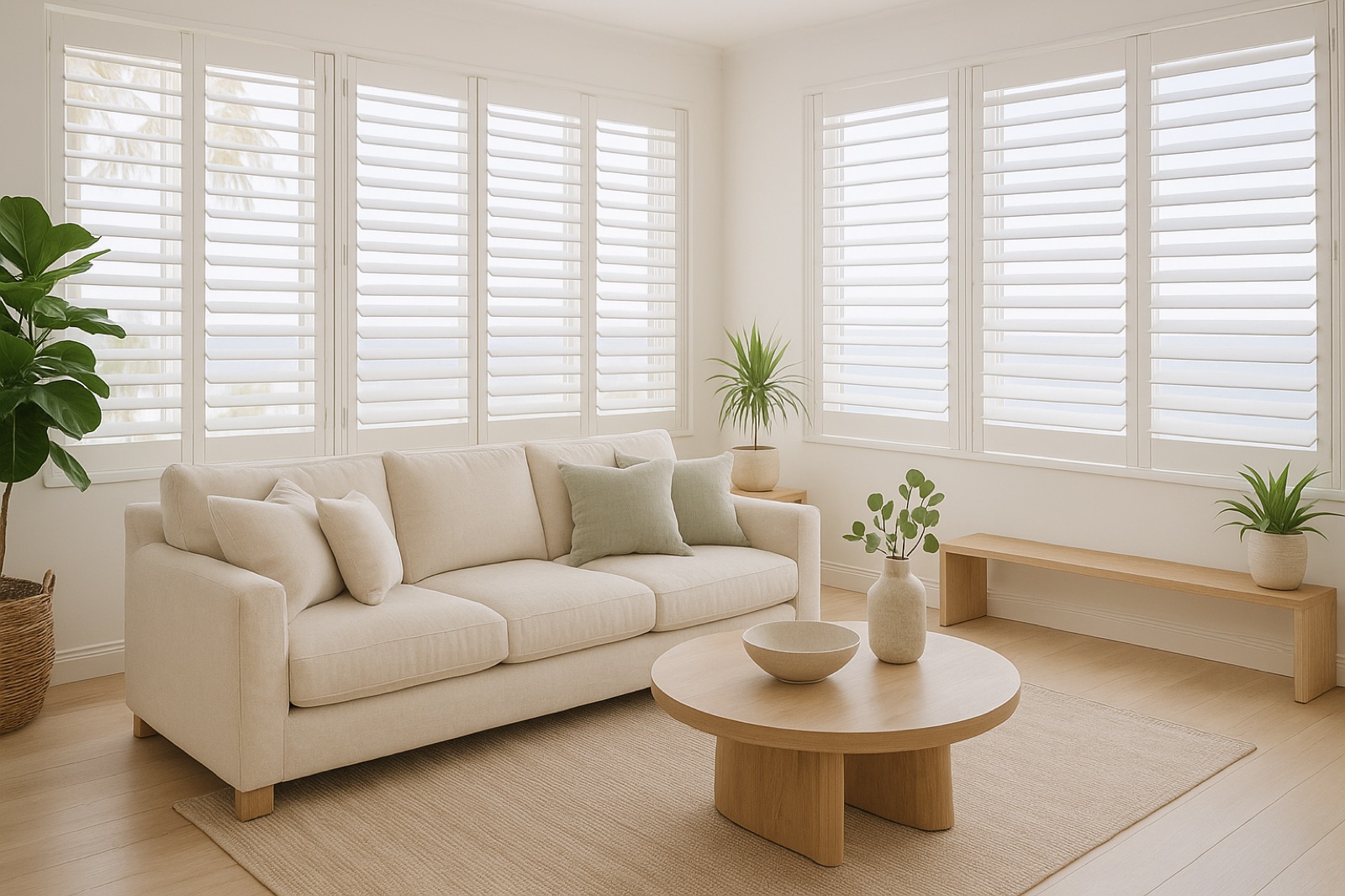 Coastal living room with white plantation shutters